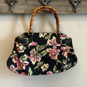 Talbots Floral Satchel Bag Bamboo Handles Fabric Black Faux Leather Trim
